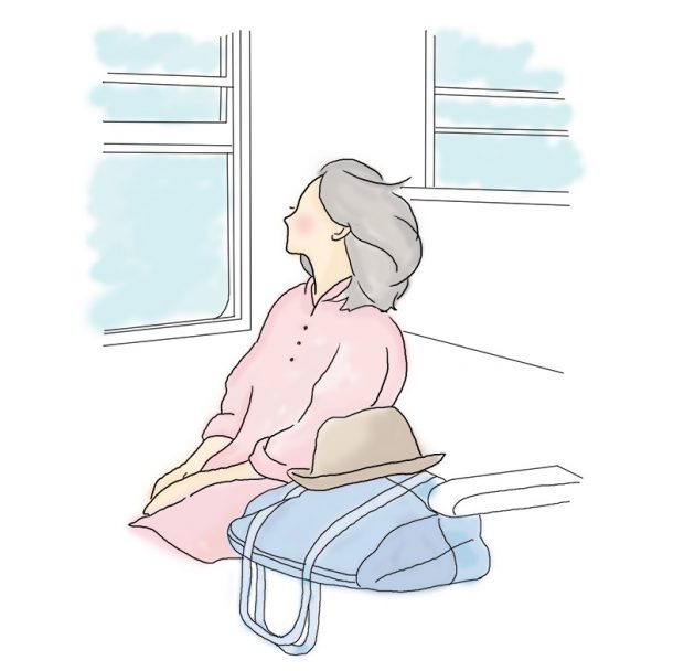 電車に乗って旅している女性のイラスト